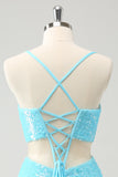 Sparkly Light Blue Spaghetti Straps Sequin Tight Mini Dress with Hollow Out