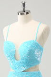 Sparkly Light Blue Spaghetti Straps Sequin Tight Mini Dress with Hollow Out