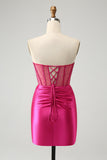 Sparkly Fuchsia Tight Beaded Corset Strapless Mini Dress