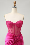 Sparkly Fuchsia Tight Beaded Corset Strapless Mini Dress