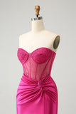 Sparkly Fuchsia Tight Beaded Corset Strapless Mini Dress