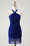 Sparkly Royal Blue Bodycon Halter Sequin Mini Dress with Tassel