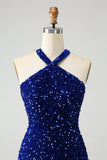 Sparkly Royal Blue Bodycon Halter Sequin Mini Dress with Tassel