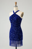 Sparkly Royal Blue Bodycon Halter Sequin Mini Dress with Tassel