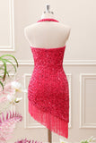 Fringed Fuchsia Sequined Halter Asymmetrical Mini Dress