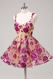 Floral Fuchsia Sequined Corset Homecoming Dress