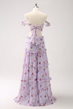 A Line Grey Purple Off the Shoulder Floral Ruffles Cut Out Maxi Dress