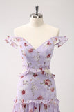 A Line Grey Purple Off the Shoulder Floral Ruffles Cut Out Maxi Dress