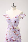 A Line Grey Purple Off the Shoulder Floral Ruffles Cut Out Maxi Dress