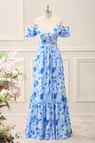 Blue Floral Off the Shoulder Ruffled A Line Floor Length Dress