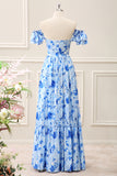 Blue Floral Off the Shoulder Ruffled A Line Floor Length Dress