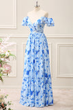 Blue Floral Off the Shoulder Ruffled A Line Floor Length Dress