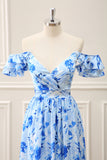 Blue Floral Off the Shoulder Ruffled A Line Floor Length Dress