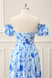 Blue Floral Off the Shoulder Ruffled A Line Floor Length Dress