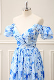 Blue Floral Off the Shoulder Ruffled A Line Floor Length Dress