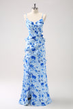 Blue Sheath Floral Ruffles Floor Length Dress with Slit