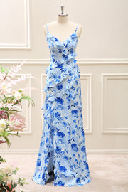 Blue Sheath Floral Ruffled Maxi Dress with Slit