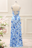 Blue Sheath Floral Ruffled Maxi Dress with Slit