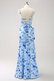 Blue Sheath Floral Ruffles Floor Length Dress with Slit