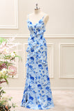 Blue Sheath Floral Ruffled Floor Length Dress with Slit