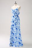 Blue Sheath Floral Ruffles Floor Length Dress with Slit