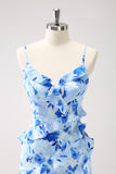 Blue Sheath Floral Ruffles Floor Length Dress with Slit