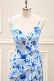 Blue Sheath Floral Ruffled Floor Length Dress with Slit