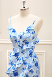 Blue Sheath Floral Ruffled Floor Length Dress with Slit