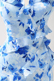 Blue Sheath Floral Ruffles Floor Length Dress with Slit