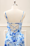 Blue Sheath Floral Ruffled Floor Length Dress with Slit