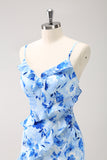 Blue Sheath Floral Ruffles Floor Length Dress with Slit