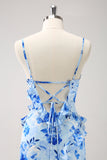 Blue Sheath Floral Ruffles Floor Length Dress with Slit