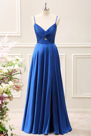 Ink Blue A Line Keyhole Pleated Satin Maxi Dress