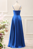 Ink Blue A Line Keyhole Pleated Satin Maxi Dress