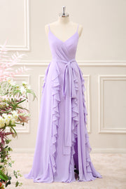 Lilac Spaghetti Straps Sheath Ruffles Bow Maxi Dress with Slit