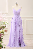 Lilac Spaghetti Straps Sheath Ruffles Bow Floor Length Dress with Slit