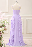 Lilac Spaghetti Straps Sheath Ruffles Bow Floor Length Dress with Slit