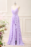 Lilac Spaghetti Straps Sheath Ruffles Bow Maxi Dress with Slit