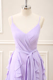 Lilac Spaghetti Straps Sheath Ruffles Bow Floor Length Dress with Slit