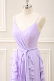 Lilac Spaghetti Straps Sheath Ruffles Bow Maxi Dress with Slit