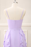 Lilac Spaghetti Straps Sheath Ruffles Bow Maxi Dress with Slit