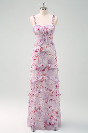 Grey Purple Sheath Floral Maxi Dress with Ruffles