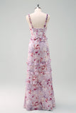 Grey Purple Sheath Floral Floor Length Dress with Ruffles