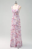 Grey Purple Sheath Floral Maxi Dress with Ruffles