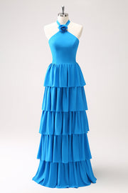 Blue Tiered Chiffon Maxi Dress with Flower