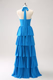 Blue Tiered Chiffon Maxi Dress with Flower