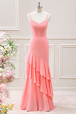 Pink Mermaid Ruffled Spaghetti Straps Floor Length Dress