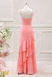 Pink Mermaid Ruffled Spaghetti Straps Maxi Dress