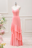 Pink Mermaid Ruffled Spaghetti Straps Maxi Dress