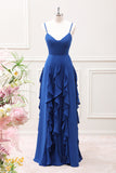 Dark Blue Spaghetti Straps A Line Floor Length Dress with Ruffles